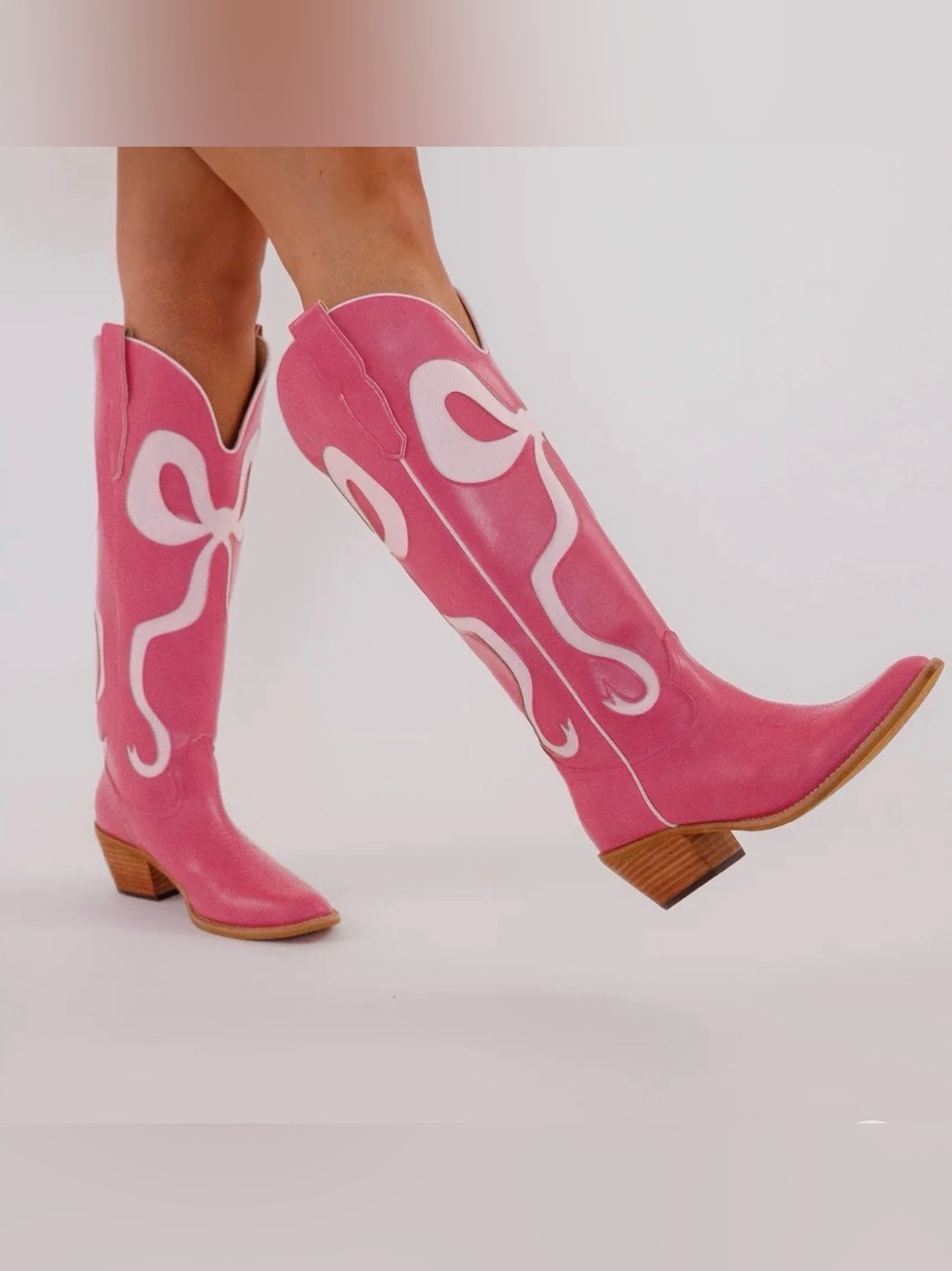 Women’s Pink Western Knee-High Boots with White Accent